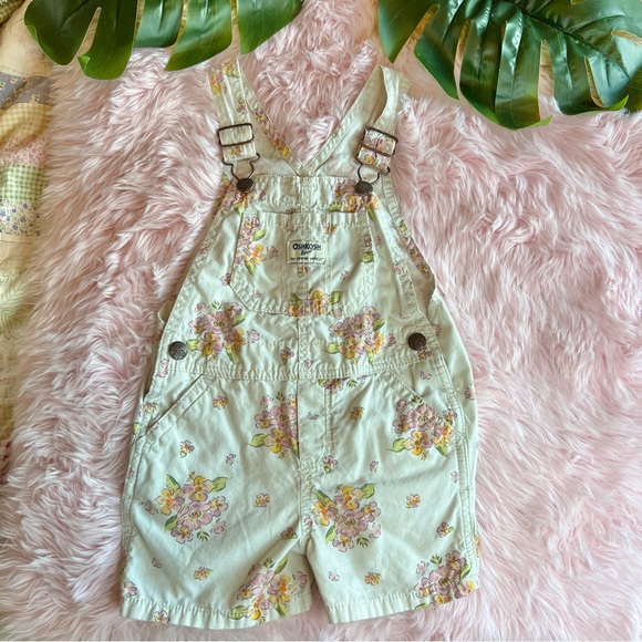 Oshkosh B’gosh Pink & Orange Floral Vestbak Shorts Overalls Sz 3T Cottage Core - Picture 3 of 13
